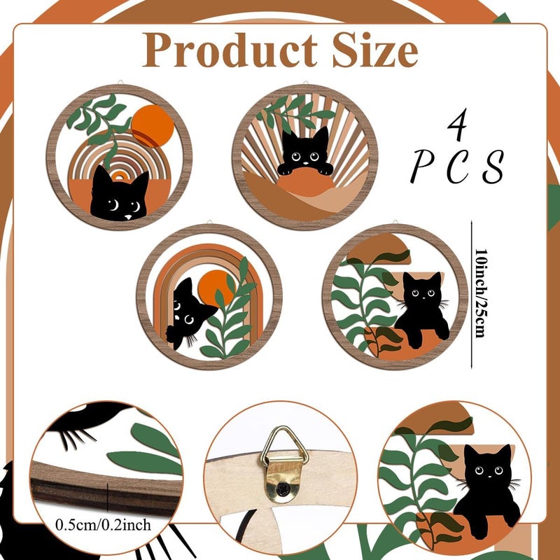 XFN 4PCs 3D Boho Cat Hanging Wooden Wall Art Wall Decor, Botanical Wall Decor Bohemian Decor, Cat Lover Gifts, Wooden Sign Wood Art Wood Plaque Home Decor for Living Room Bedroom Farmhouse Office - Image 2